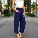 Blue Large Women's Wide-Leg Elastic Waist Pants with Side Pockets