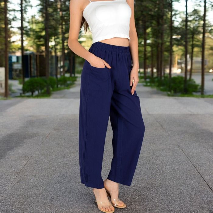 Women's Wide-Leg Elastic Waist Pants with Side Pockets