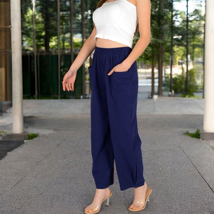 Women's Wide-Leg Elastic Waist Pants with Side Pockets