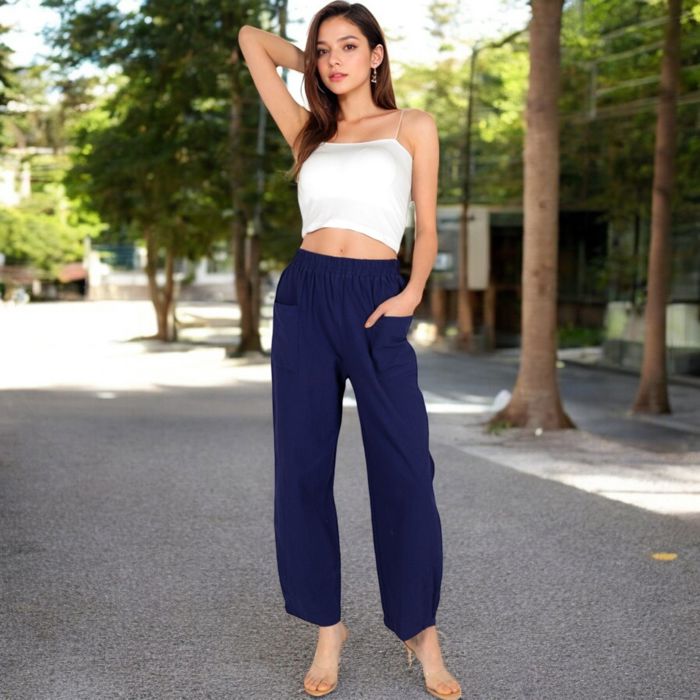 Women's Wide-Leg Elastic Waist Pants with Side Pockets