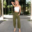 Green Large Women's Wide-Leg Elastic Waist Pants with Side Pockets