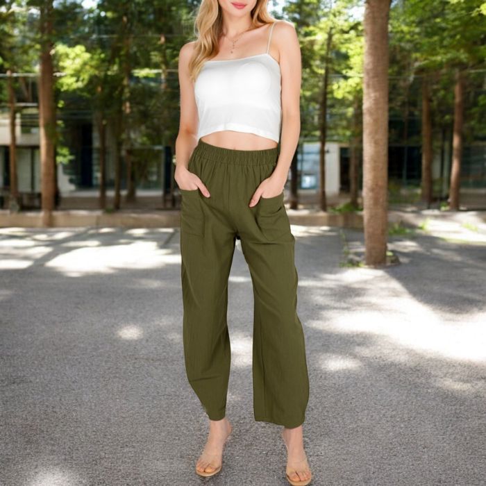 Women's Wide-Leg Elastic Waist Pants with Side Pockets