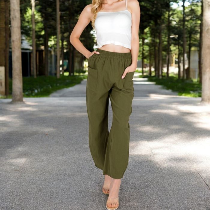 Women's Wide-Leg Elastic Waist Pants with Side Pockets