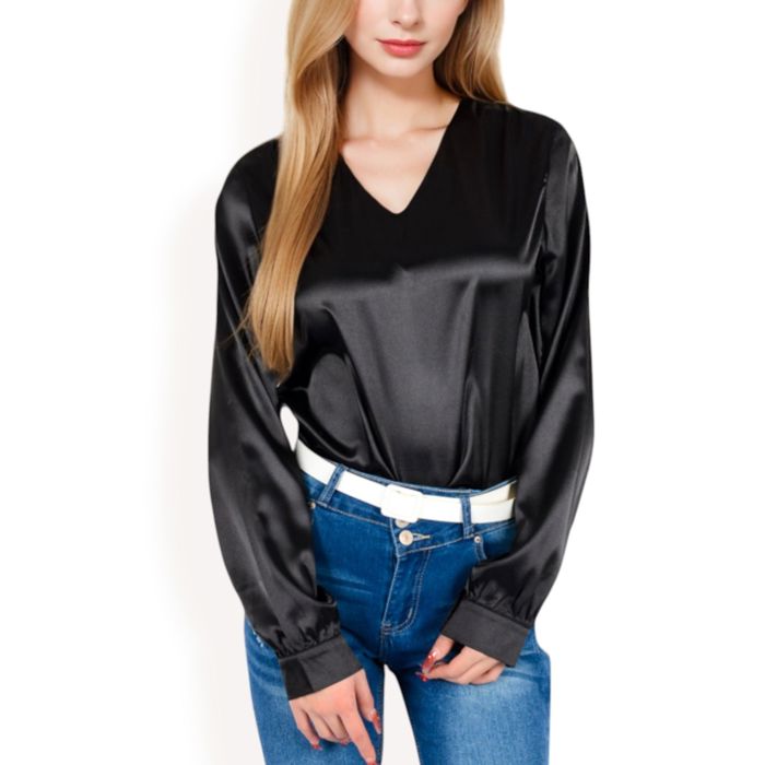 Women's Satin Long Sleeve V-Neck Blouse with Cuffed Sleeves