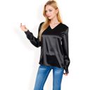 Black Large Women's Satin Long Sleeve V-Neck Blouse with Cuffed Sleeves