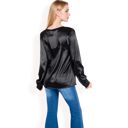 Black Large Women's Satin Long Sleeve V-Neck Blouse with Cuffed Sleeves