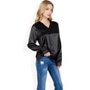 Black Large Women's Satin Long Sleeve V-Neck Blouse with Cuffed Sleeves