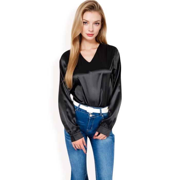 Women's Satin Long Sleeve V-Neck Blouse with Cuffed Sleeves