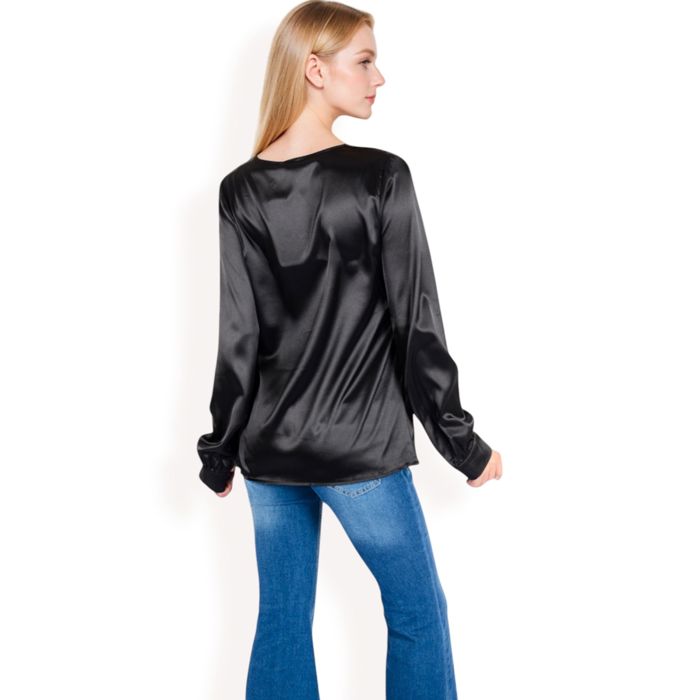 Women's Satin Long Sleeve V-Neck Blouse with Cuffed Sleeves