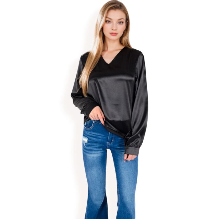 Women's Satin Long Sleeve V-Neck Blouse with Cuffed Sleeves