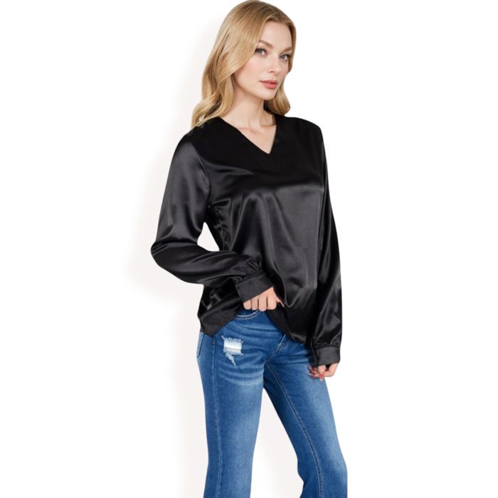 Women's Satin Long Sleeve V-Neck Blouse with Cuffed Sleeves