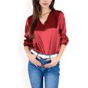 Red Large Women's Satin Long Sleeve V-Neck Blouse with Cuffed Sleeves