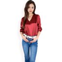 Red Large Women's Satin Long Sleeve V-Neck Blouse with Cuffed Sleeves