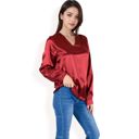 Red Large Women's Satin Long Sleeve V-Neck Blouse with Cuffed Sleeves