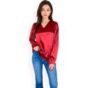 Red Large Women's Satin Long Sleeve V-Neck Blouse with Cuffed Sleeves