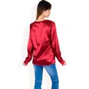 Red Large Women's Satin Long Sleeve V-Neck Blouse with Cuffed Sleeves