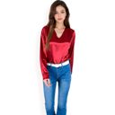 Red Large Women's Satin Long Sleeve V-Neck Blouse with Cuffed Sleeves