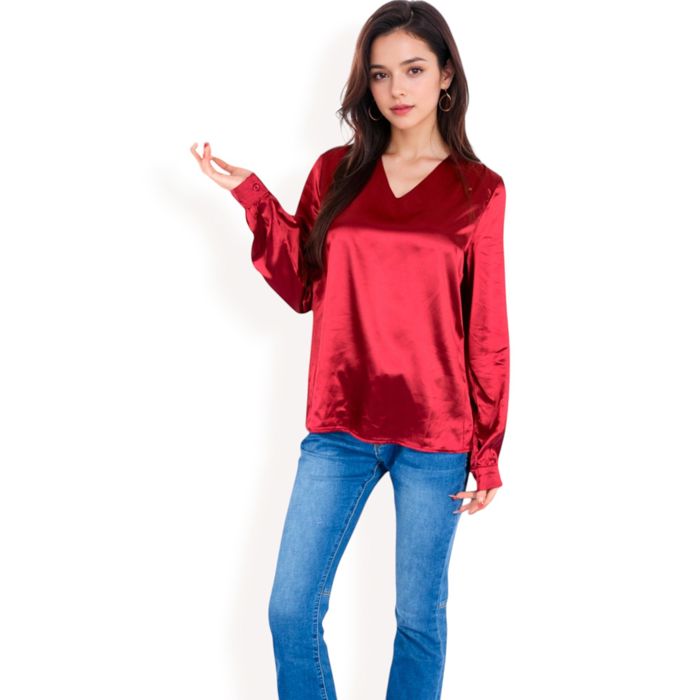 Women's Satin Long Sleeve V-Neck Blouse with Cuffed Sleeves