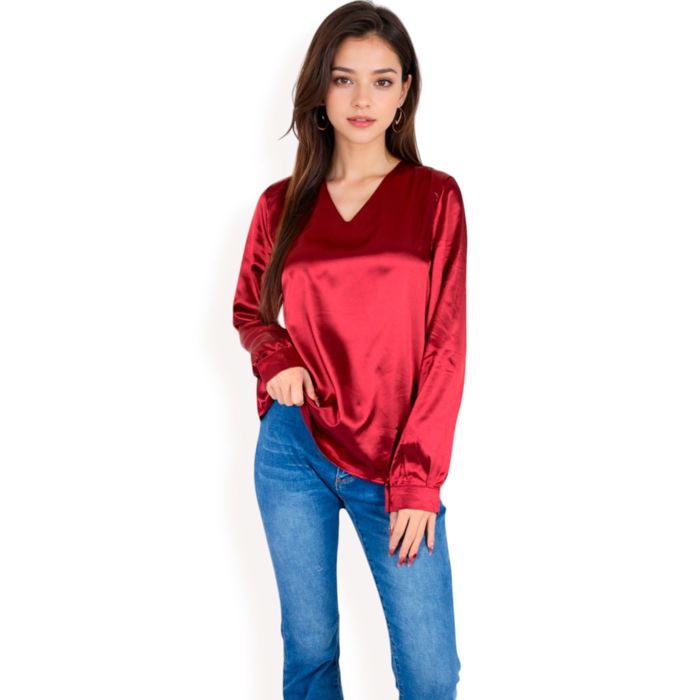 Women's Satin Long Sleeve V-Neck Blouse with Cuffed Sleeves