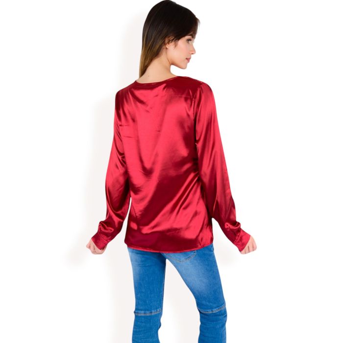 Women's Satin Long Sleeve V-Neck Blouse with Cuffed Sleeves