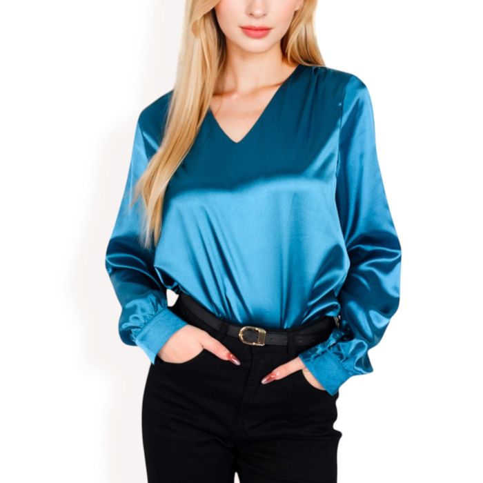 Women's Satin Long Sleeve V-Neck Blouse with Cuffed Sleeves