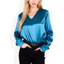 Green Large Women's Satin Long Sleeve V-Neck Blouse with Cuffed Sleeves