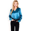 Green Large Women's Satin Long Sleeve V-Neck Blouse with Cuffed Sleeves