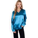 Green Large Women's Satin Long Sleeve V-Neck Blouse with Cuffed Sleeves