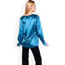 Green Large Women's Satin Long Sleeve V-Neck Blouse with Cuffed Sleeves