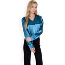 Green Large Women's Satin Long Sleeve V-Neck Blouse with Cuffed Sleeves