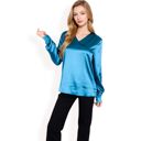 Green Large Women's Satin Long Sleeve V-Neck Blouse with Cuffed Sleeves