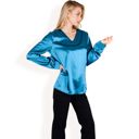 Green Medium Women's Satin Long Sleeve V-Neck Blouse with Cuffed Sleeves