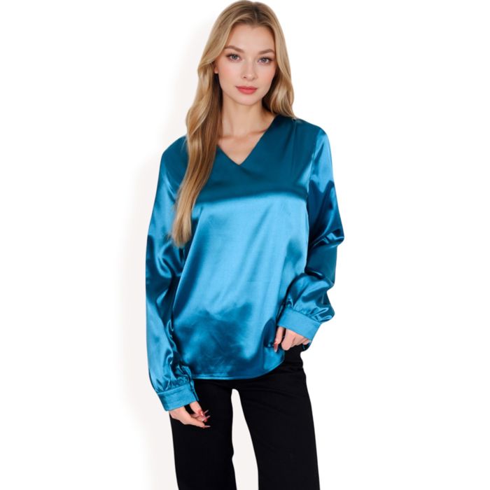 Women's Satin Long Sleeve V-Neck Blouse with Cuffed Sleeves