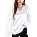 White Large Women's Satin Long Sleeve V-Neck Blouse with Cuffed Sleeves