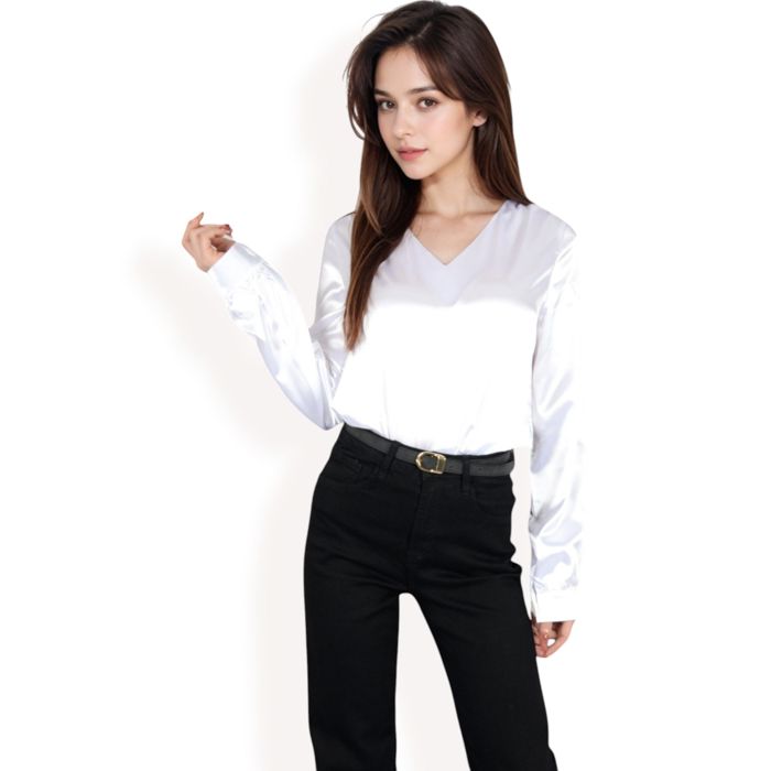 Women's Satin Long Sleeve V-Neck Blouse with Cuffed Sleeves