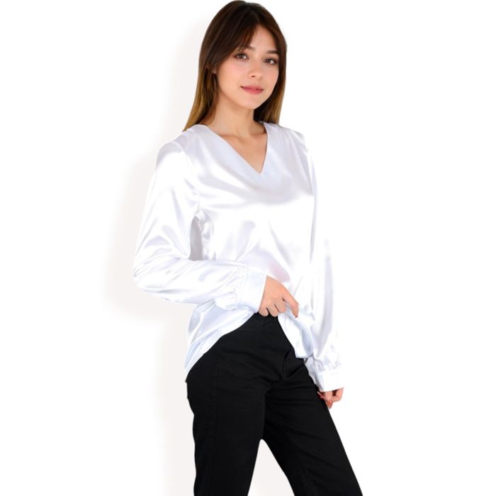 Women's Satin Long Sleeve V-Neck Blouse with Cuffed Sleeves