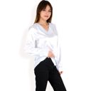 White Large Women's Satin Long Sleeve V-Neck Blouse with Cuffed Sleeves