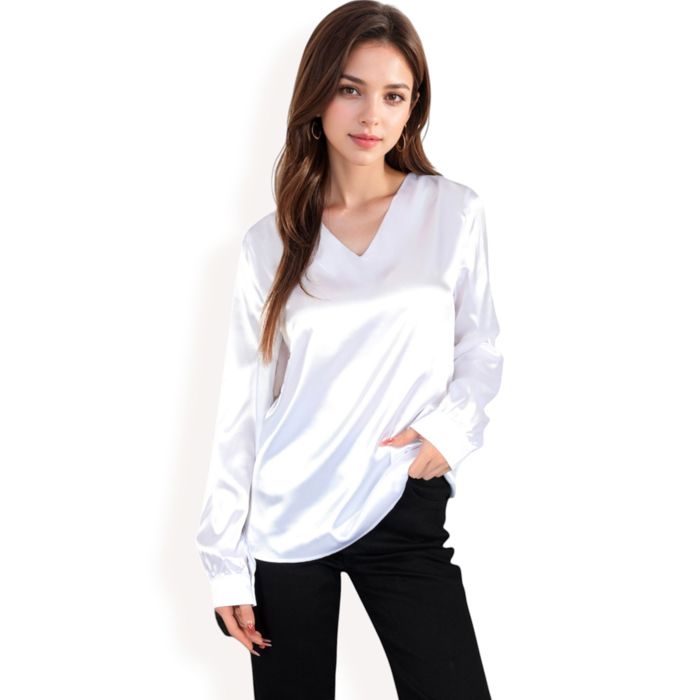 Women's Satin Long Sleeve V-Neck Blouse with Cuffed Sleeves