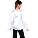 White Large Women's Satin Long Sleeve V-Neck Blouse with Cuffed Sleeves