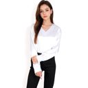 White Large Women's Satin Long Sleeve V-Neck Blouse with Cuffed Sleeves