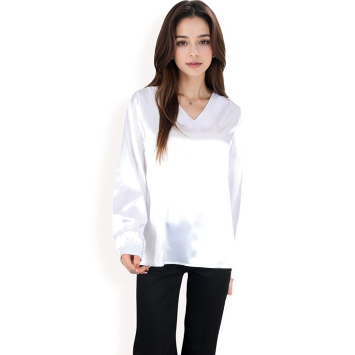 Women's Satin Long Sleeve V-Neck Blouse with Cuffed Sleeves