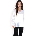 White Large Women's Satin Long Sleeve V-Neck Blouse with Cuffed Sleeves