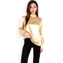 Beige Large Women's Satin Long Sleeve Blouse with High Neck and Puff Sleeves