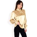 Beige Large Women's Satin Long Sleeve Blouse with High Neck and Puff Sleeves