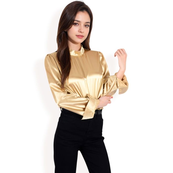 Women's Satin Long Sleeve Blouse with High Neck and Puff Sleeves