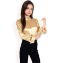 Beige Large Women's Satin Long Sleeve Blouse with High Neck and Puff Sleeves