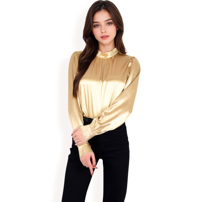 Women's Satin Long Sleeve Blouse with High Neck and Puff Sleeves