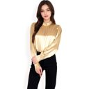 Beige Large Women's Satin Long Sleeve Blouse with High Neck and Puff Sleeves