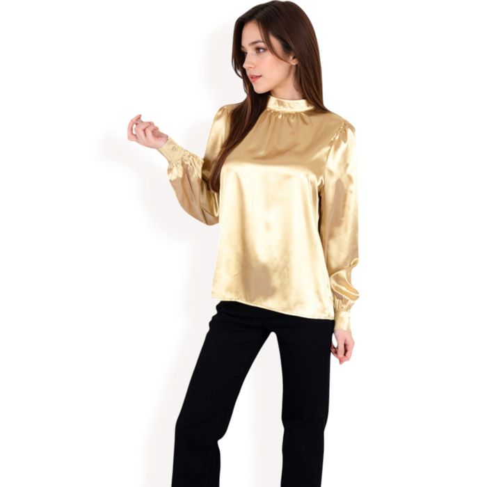 Women's Satin Long Sleeve Blouse with High Neck and Puff Sleeves