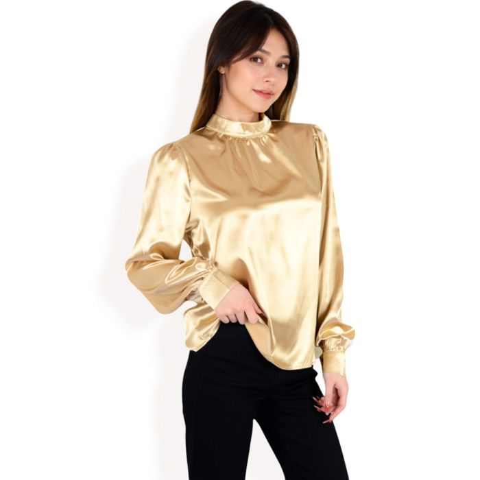 Women's Satin Long Sleeve Blouse with High Neck and Puff Sleeves